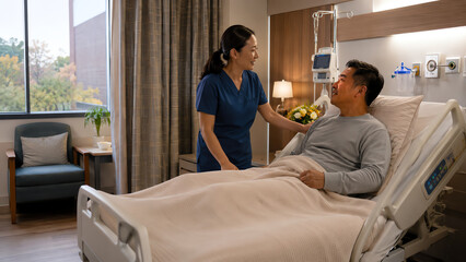 Fototapeta premium A compassionate nurse interacts with a patient in a modern hospital room, promoting care and comfort during recovery.