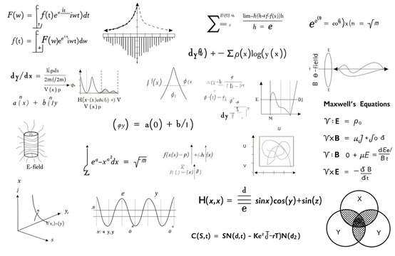 Complex Mathematical Formulas and Physics Equations Background with Maxwell's Equations and Scientific Diagrams