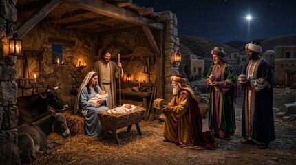 Obraz premium Nativity scene with woman Mary, man Joseph, baby Jesus, and three wise men bringing gifts. Traditional Christmas story set in Bethlehem stable. Religious holiday religious celebration.