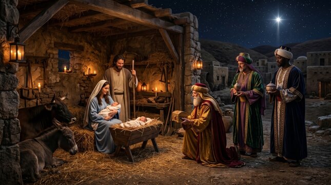 Nativity scene with woman Mary, man Joseph, baby Jesus, and three wise men bringing gifts. Traditional Christmas story set in Bethlehem stable. Religious holiday religious celebration.