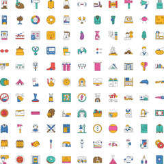 Naklejka premium Large collection of colorful outline icons representing diverse themes from business, education, technology, medical, food, and lifestyle, perfect for modern digital design