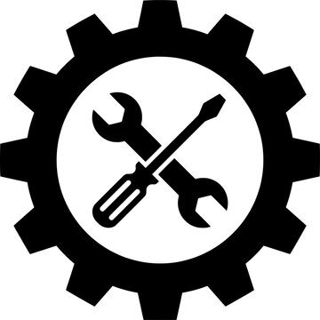 Gear with Wrench and Screwdriver Icon Vector Illustration, Mechanical Repair and Maintenance Symbol, Engineering Service Tools Pictogram Isolated on White Background