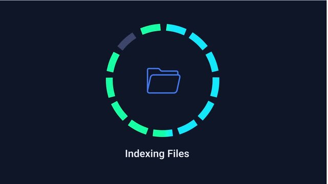 Animated digital interface displaying a file indexing process with a folder icon and circular progress indicator on a dark background, representing data scanning, processing, and system activity.