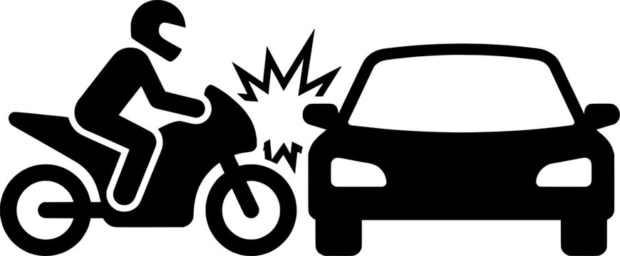 Motorcycle and Car Collision Accident Icon Vector Illustration, Road Traffic Crash Symbol, Bike Rider Impact with Automobile Safety Warning Sign Isolated on White Background