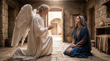 Obraz premium Angel Gabriel appearing to young woman Mary in interior of stone house. Biblical scene of annunciation. Spiritual encounter between divine messenger and human for religious education.