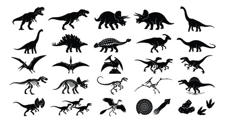 A collection of 25 detailed vector silhouettes of prehistoric dinosaurs and ancient fossils .eps © MDSHAMSUDDIN