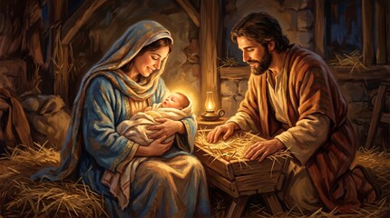 Obraz premium Mary and Joseph with baby Jesus in stable. Nativity scene featuring holy family in manger. Traditional Christian Christmas celebration, religious holiday theme, faith and love concept.
