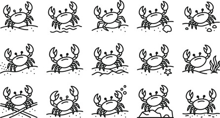 Collection of simple black and white crab on sand and seabed backgrounds © GR Graphics