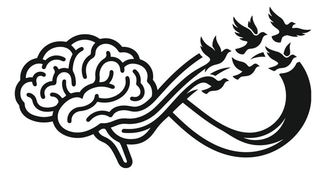 A stylized silhouette of a human brain transforming into a flock of free-flying birds or an infinity ribbon .eps