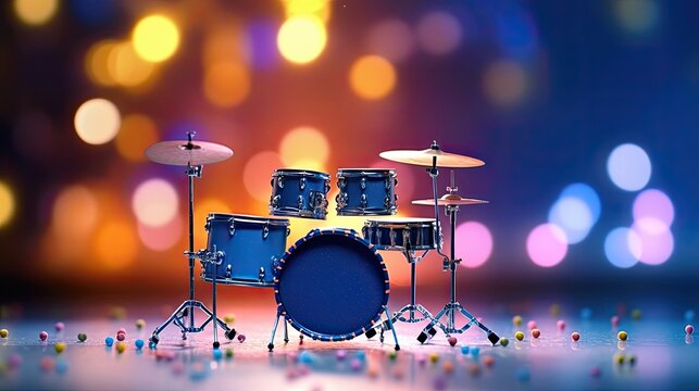 A colorful drum set with blue and gold drums, cymbals, and bass drum on a stage with colorful lights in the background.