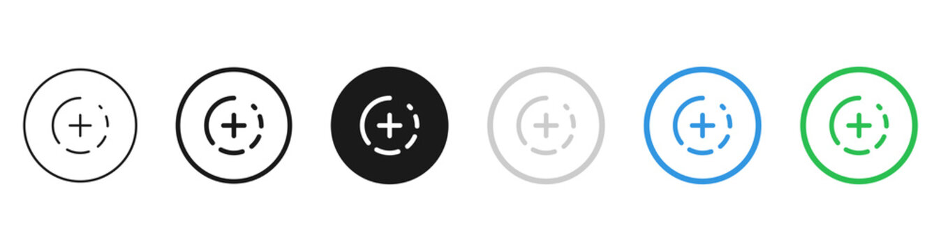 Set of add plus icons in button design, representing adding items or creation in UI interfaces, on transparent background.
