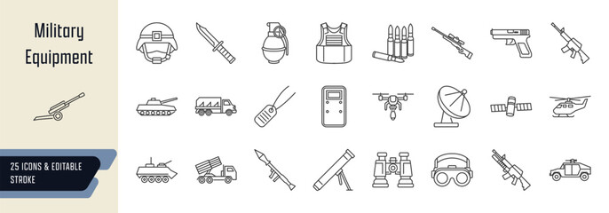 Obraz premium Military equipment line icons collection, 25 editable stroke symbols depicting personal Weapons and ammunition, protective gear, land vehicles and artillery, aviation