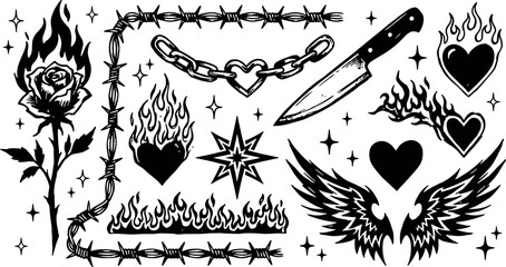 Collection of dark aesthetic gothic tattoo elements and symbols with tattoo flash body art tattoo design aesthetic illustration mystical ornament symbolism art style © Kanon Islam