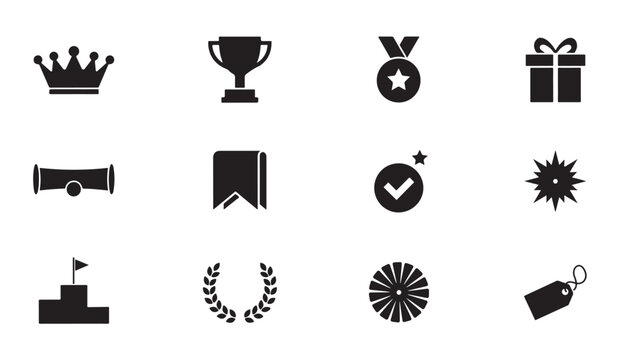 Victory and reward icon collection with gold cup crown medal gift laurel and podium set.