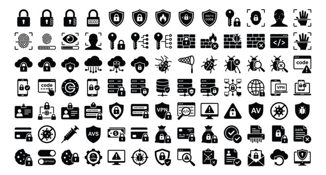 An asset collection sheet of 50 distinct vector silhouette icons and symbols dedicated to Cybersecurity and Data Privacy .eps