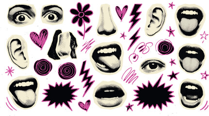 Pop art style set of human facial features and abstract elements with tongue out pop culture expression illustration abstract lightning creative decoration elements colorful © Kanon Islam
