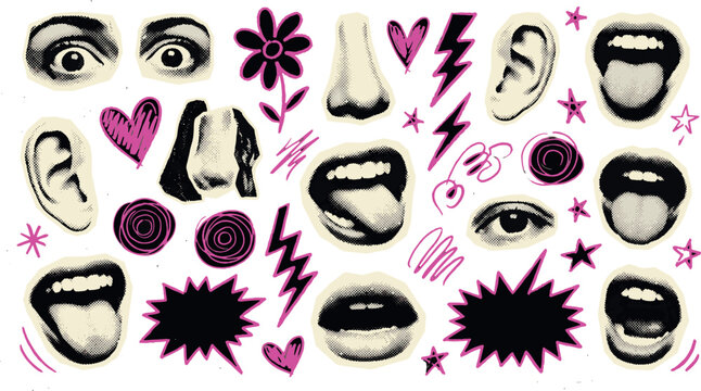 Pop art style set of human facial features and abstract elements with tongue out pop culture expression illustration abstract lightning creative decoration elements colorful