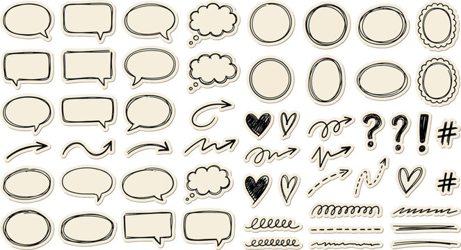Hand drawn speech bubbles arrows and note taking doodle elements with illustration dialogue communication decoration question exclamation annotation planning scribble