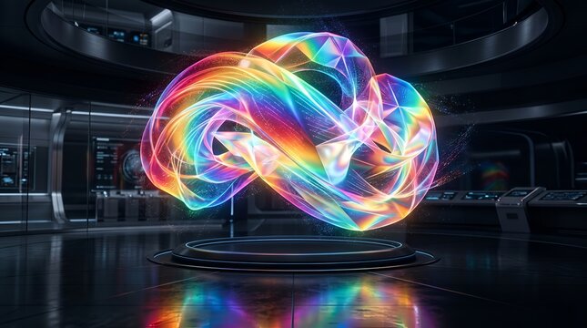 Abstract rainbow light hologram floats in a futuristic lab for tech innovation