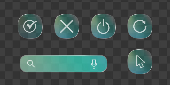 Transparent glass UI kit with search bar and squircle buttons, frosted glass morphism icons for check, close, power, refresh and cursor on transparent background for web and app design