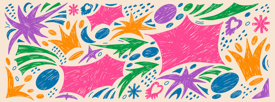 Bang crayon stars and crowns with hand drawn texture for kid art. Background filled with circles, arrows, hearts and asterisks as crayon doodles. Vector bang geometric shape set on beige isolated pack