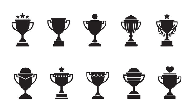 Set of different trophy cup icons for sports and competition winners in flat black style.
