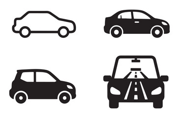 Fototapeta premium Collection of car icons featuring different vehicle types including sedan hatchback and front view with silhouette and outline styles for automotive transportation and travel related design projects