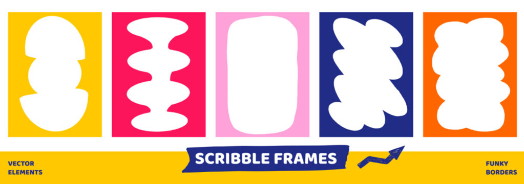 Callout speech frame with bold figure border and geometric shape. Funky callout frames in orange pink and blue for posters. Vector set of scribble doodle elements for kid content or promotion project.