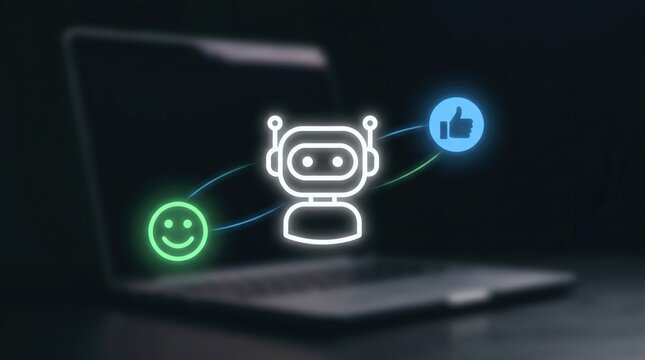 AI Customer Satisfaction and Positive Feedback Concept: Central Glowing AI Avatar Icon with Floating Neon Green Smilies and Blue Thumbs-up Bubbles above Blurred Laptop
