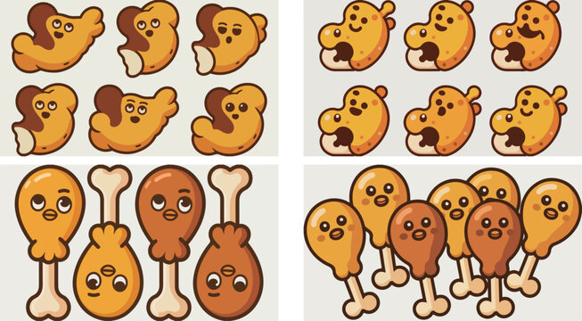 cartoon chicken drumsticks and thighs with different facial expressions on light gray background