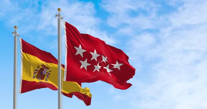 Community of Madrid flag waving with national spanish flag