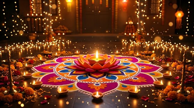 Traditional diwali rangoli art featuring a vibrant lotus shaped clay diya lamp glowing with warm golden flames surrounded by many small oil lamps on a dark floor
