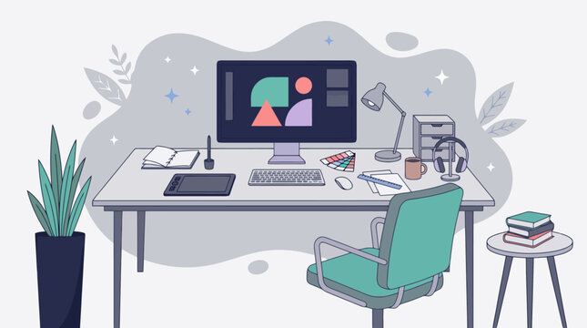 Modern creative workspace illustration, digital artist desk with computer and graphic tablet, home office interior for designer or freelancer