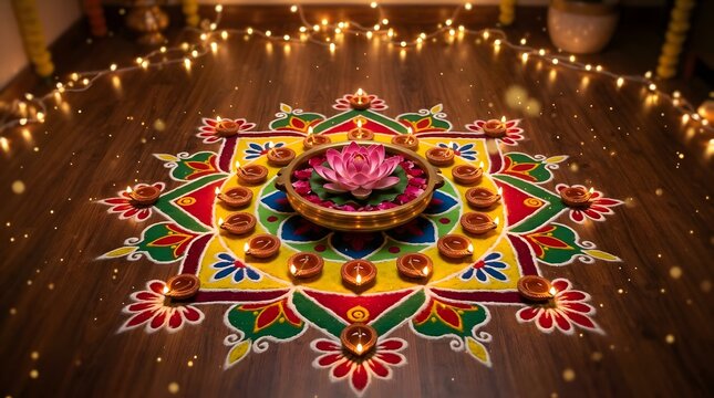 Beautiful traditional rangoli pattern designed with vibrant colored powder art featuring a glowing brass vessel containing a fresh pink lotus flower surrounded