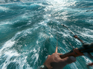 Obraz premium Fishing Rod Cast Into Turbulent Ocean Waves