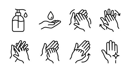 Obraz premium A set of eight simple line icons illustrates the proper steps for thoroughly washing hands with soap and water.