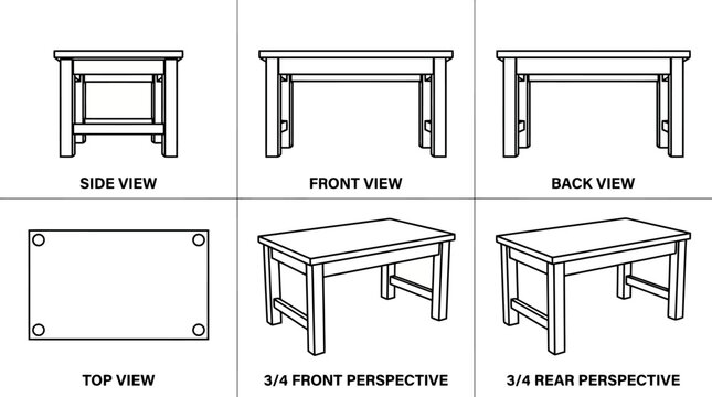 A technical drawing shows multiple views of a simple wooden table with precise measurements and angles.
