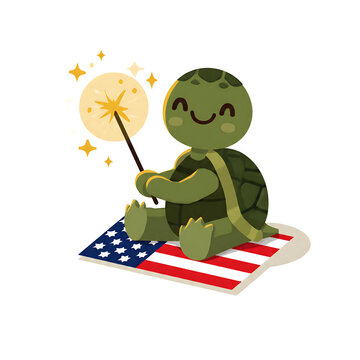 Adorable cartoon turtle sits on a national flag, happily waving a sparkling magic wand, symbolizing good fortune and patriotism