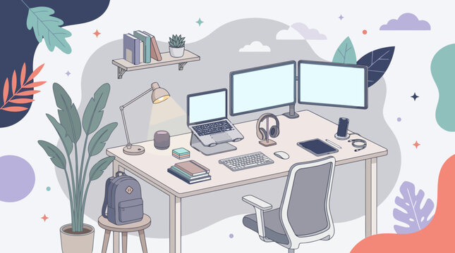 An illustration of a modern home office desk setup with multiple monitors and a laptop in a cozy room.