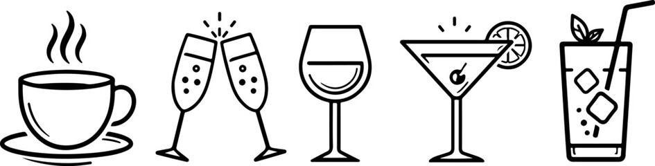 Beverage line icon collection with coffee cup, wine glass, martini, soda drink, and toasting champagne flutes for cafe and bar menus. eps © Shafiavect