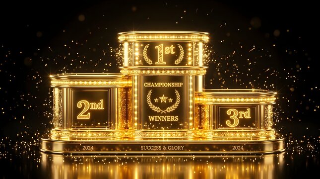 Golden winner podium with first second and third place trophies for awards ceremony