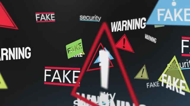 Dynamic montage of warning triangles, fake alerts and security text flie across the screen horizontally