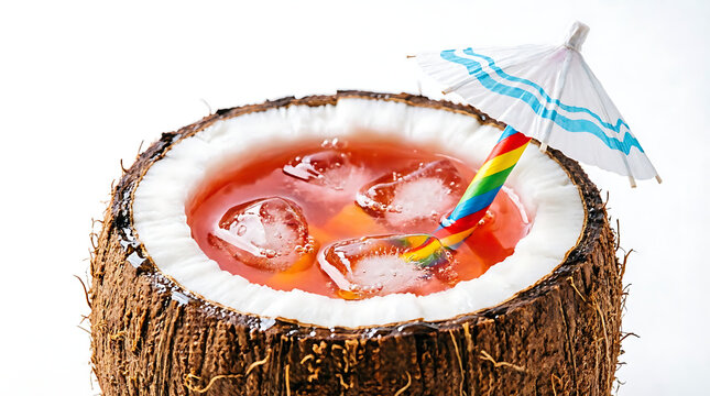Coconut milk drink served in a coconut with a straw