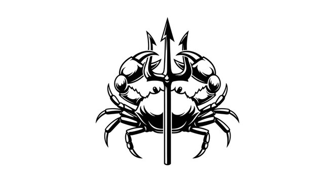 Crab mascot logo holding a trident spear icon.