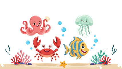 Cute pixel art sea creatures set with octopus crab fish and jellyfish underwater © MDHASEN