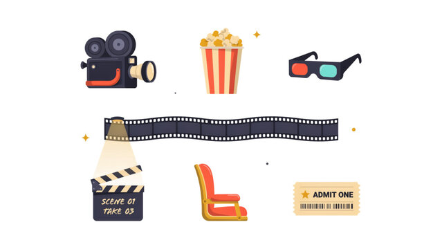 Set of colorful cinema and movie icons with camera popcorn 3d glasses clapperboard chair and ticket in pixel art style