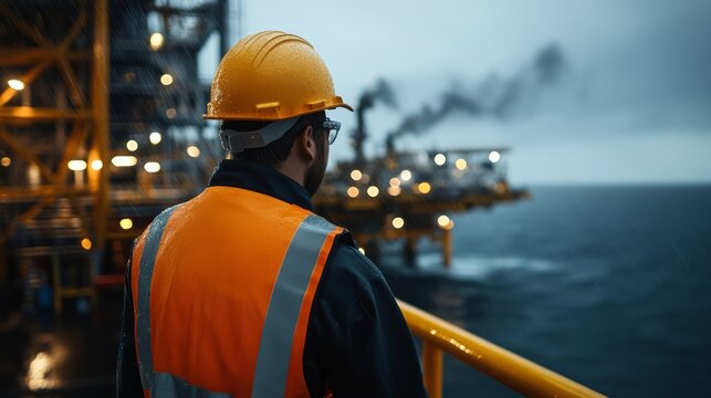 Oil rig worker overseeing operations offshore platform industrial environment evening professional perspective