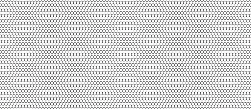 Minimal thin line hexagon grid vector banner. White abstract honeycomb mesh background with geometric lace net pattern for modern tech outline design.