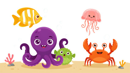 Cute pixel art sea animals set with octopus crab fish jellyfish and coral © MDHASEN