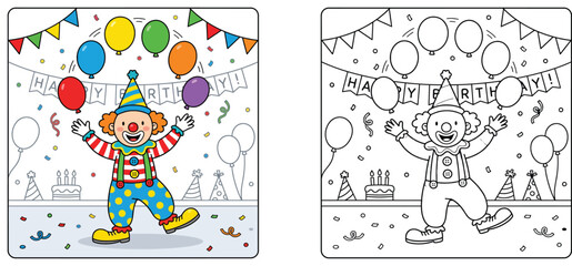 Fototapeta premium Cartoon clown juggling balloons coloring book page and color illustration for kids birthday party celebration vector template